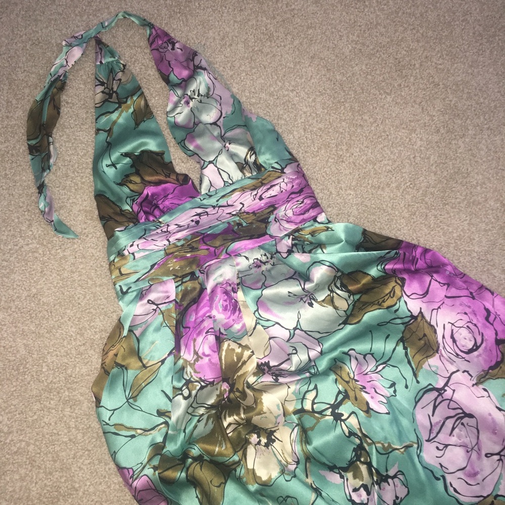 Adrianna Papell Mint Green and Purple Floral Halter Midi Dress